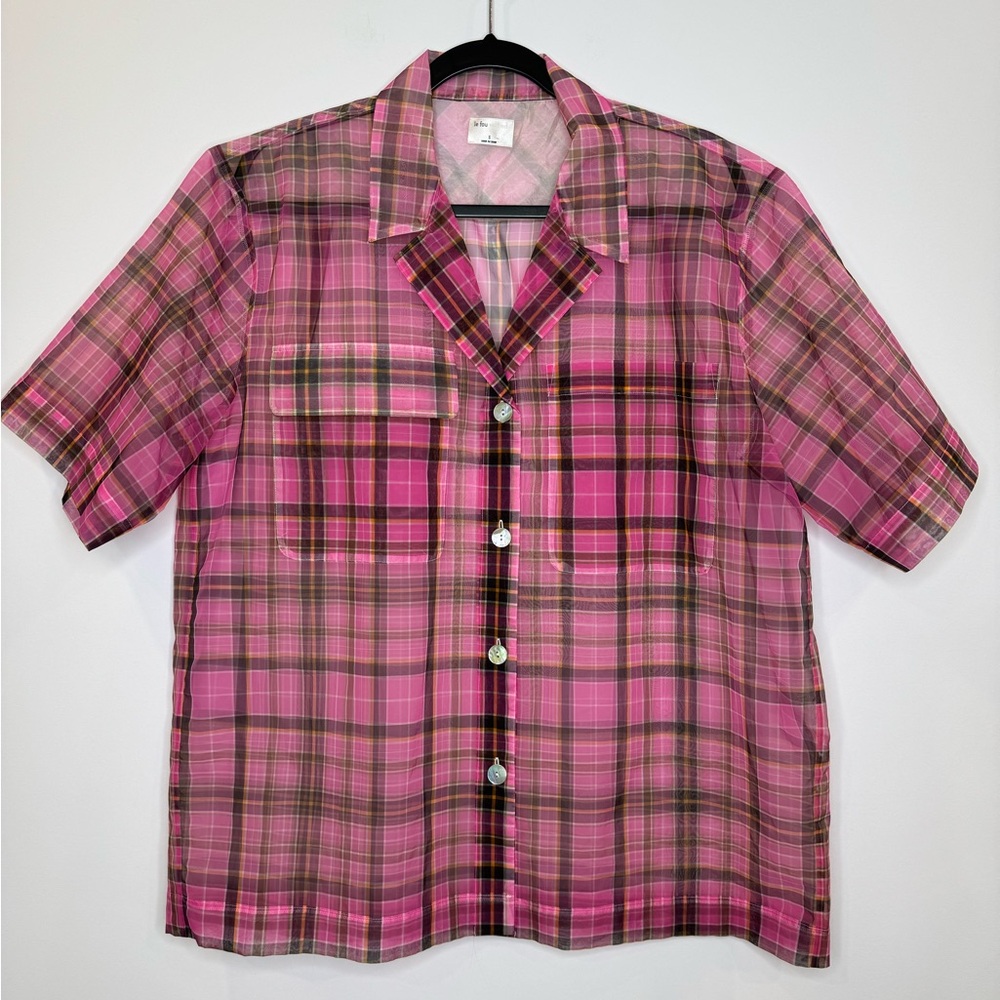 Aritzia Wilfred Le fou limited edition pink plaid sheer organza oversized blouse